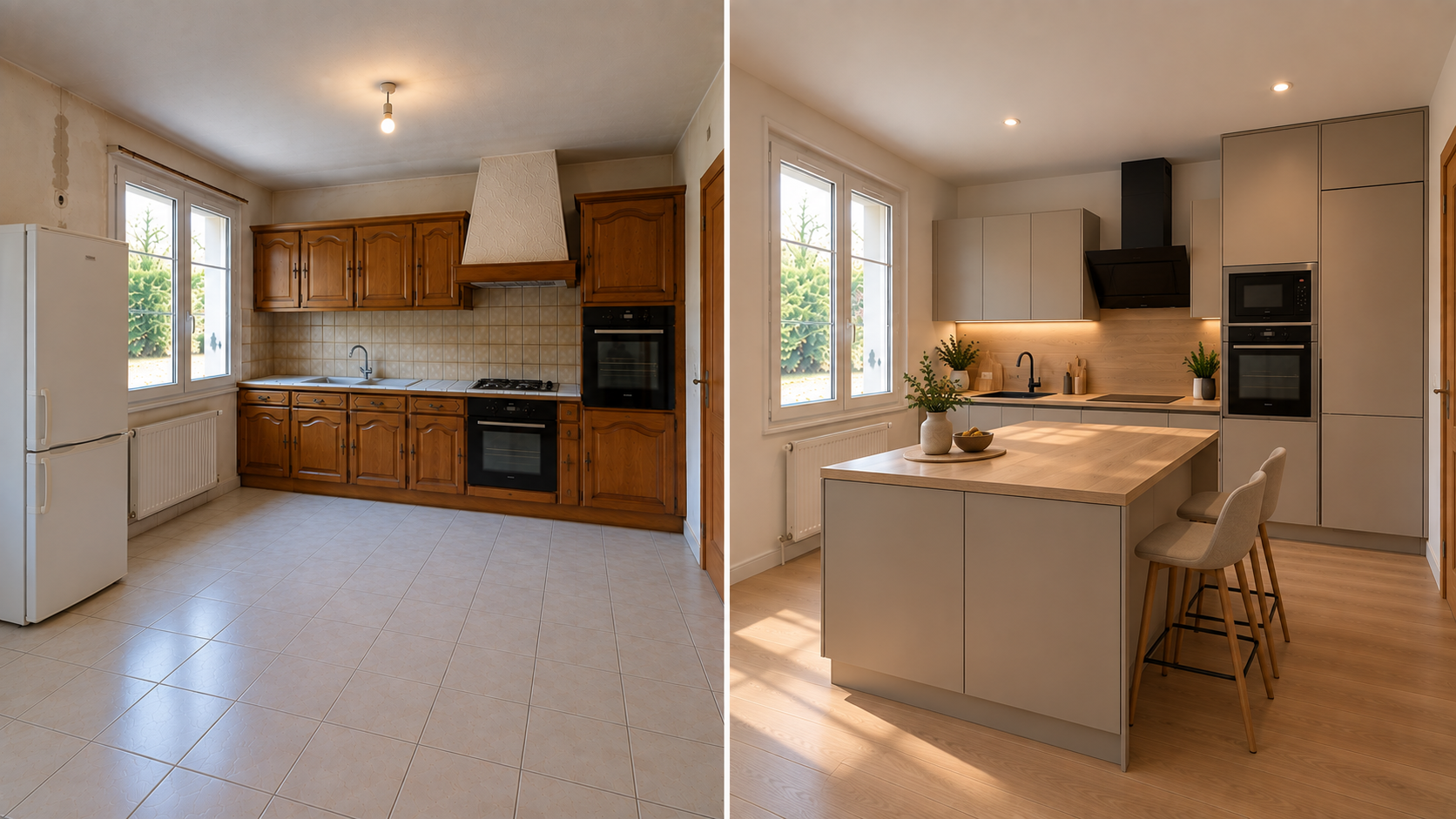 Avant et après d'une rénovation complète de cuisine réalisée par ATELIER FOURNIER près de La Rochelle